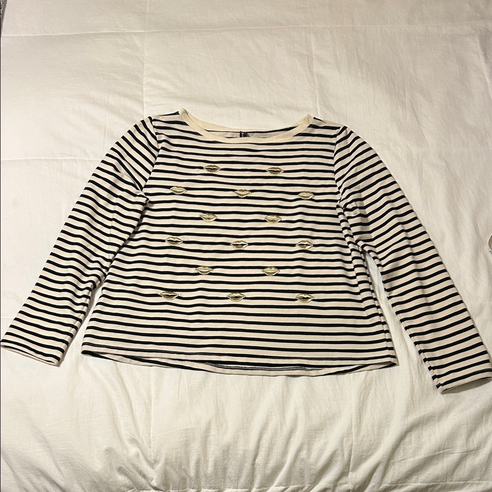 Betsey Johnson Black and White Striped Top with Gold Details